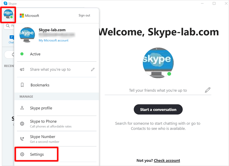 หน้าจอตั้งค่าของ Skype